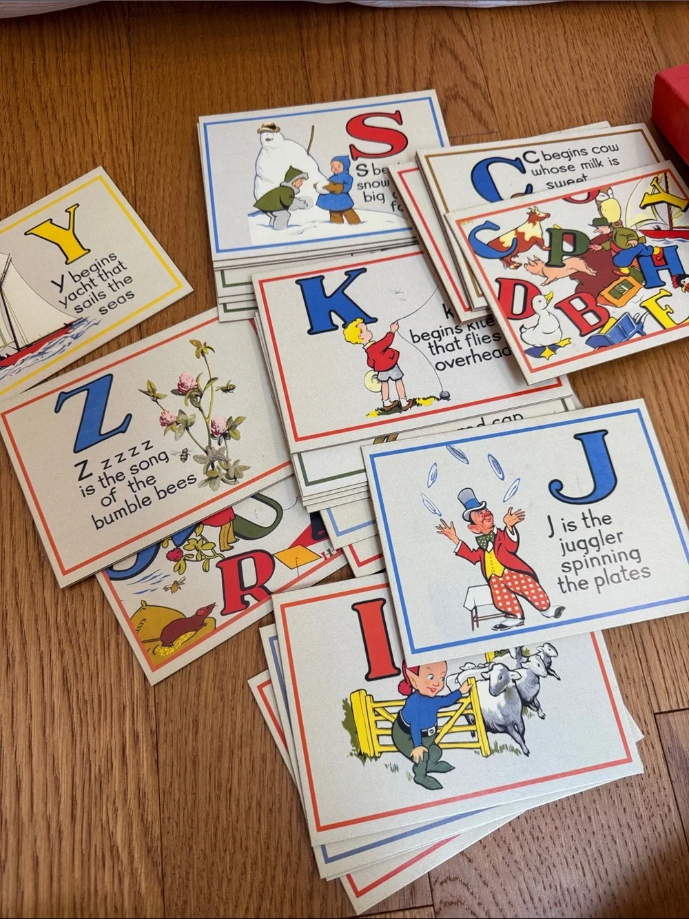 Vintage Flash Cards Alphabet Box - Red with Multicolor Print